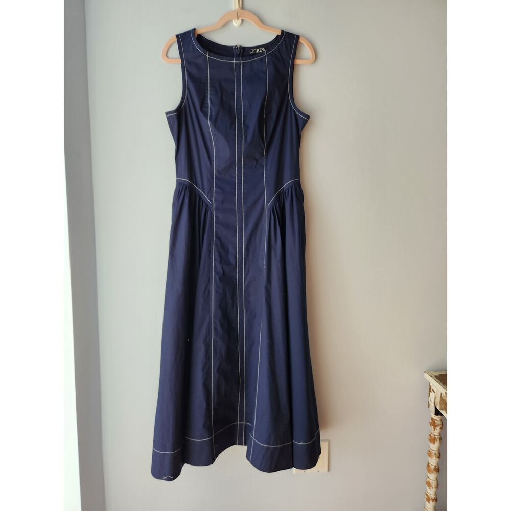NWT J. Crew Contrast-Stitch Midi Dress In Cotton-Blend Poplin Navy 6 - Picture 5 of 11